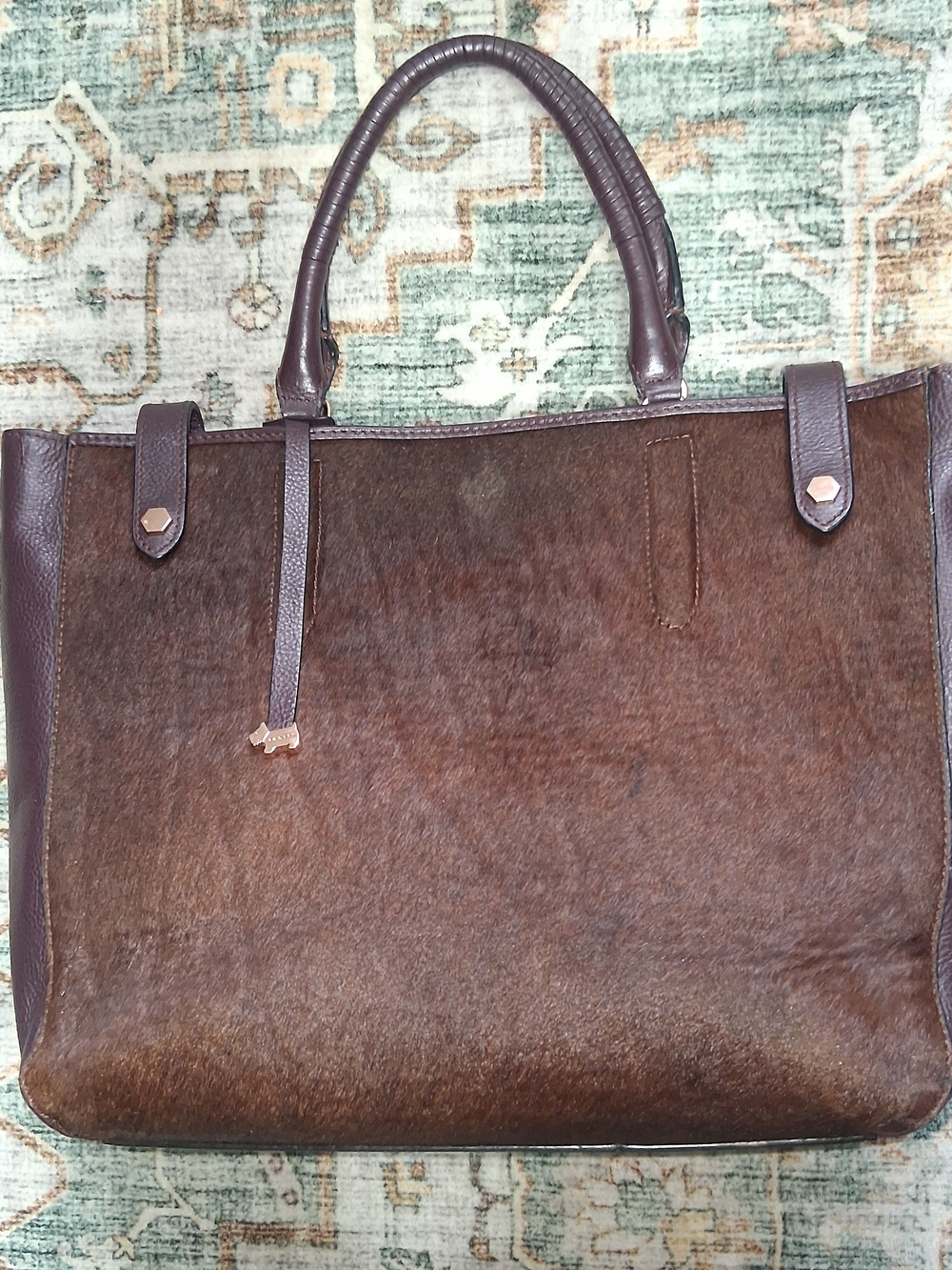RADLEY London Calf Hair Brown/Burgundy/Wine Red Tote Bag Purse RoseGold Hardware